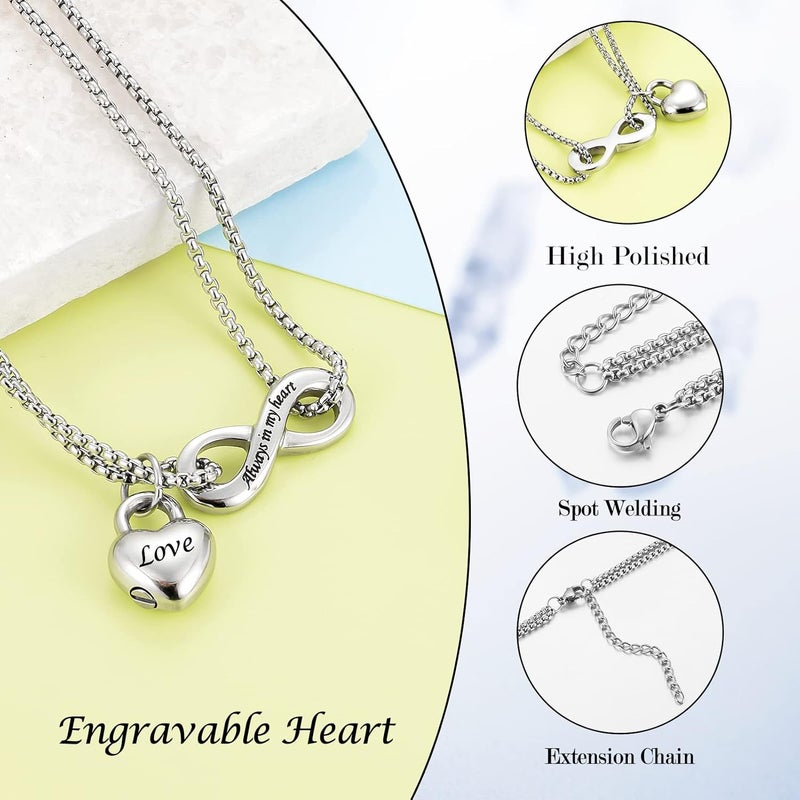 XIUDA Infinity Urn Necklace for Human Ashes Always in My Heart Cremation Necklace Stainless Steel Memorial Ash Jewelry for Women - Image 3
